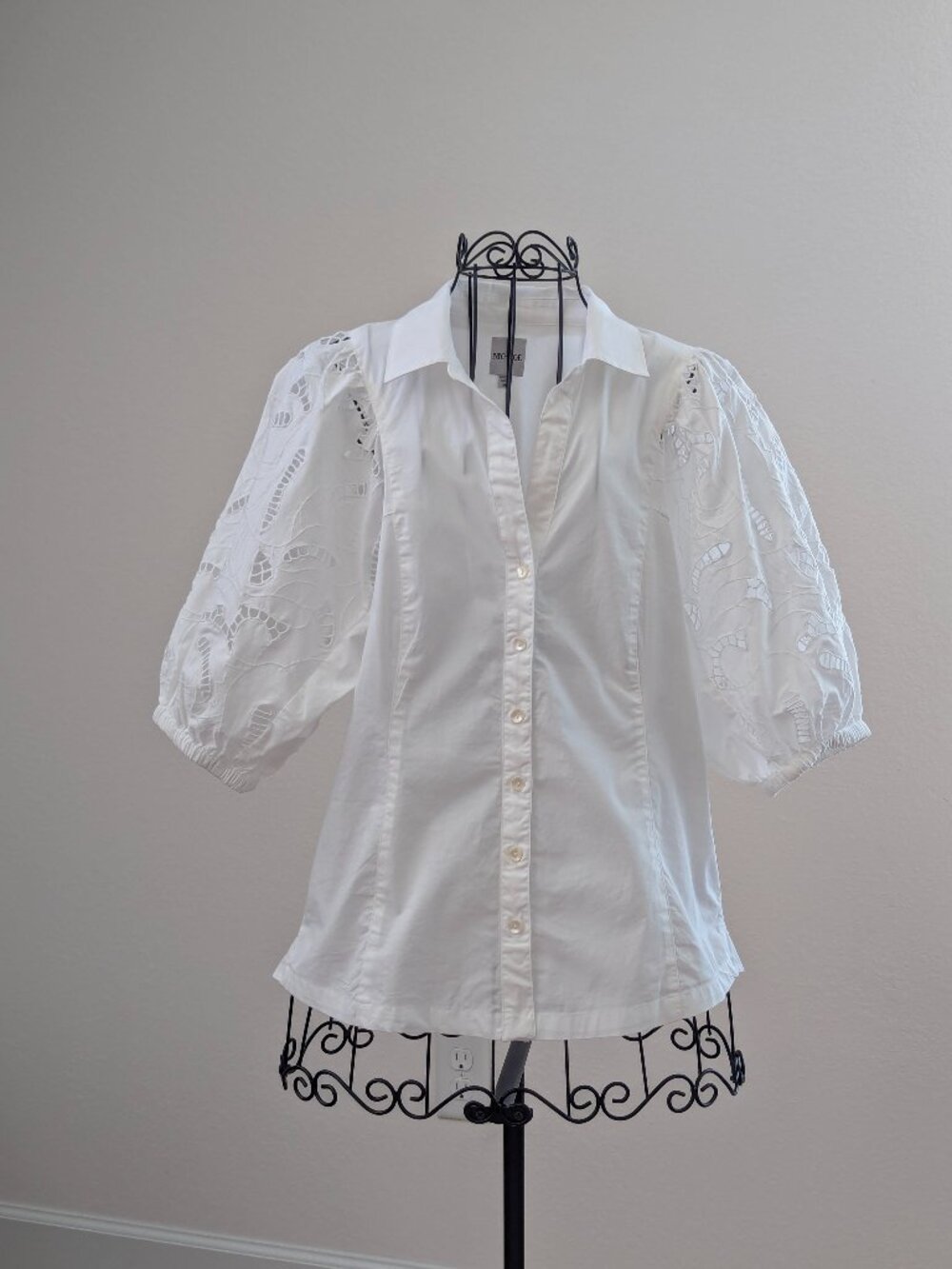 NIC+ZOE White Cotton Cutwork Embroidered Puff Sleeve Shirt M